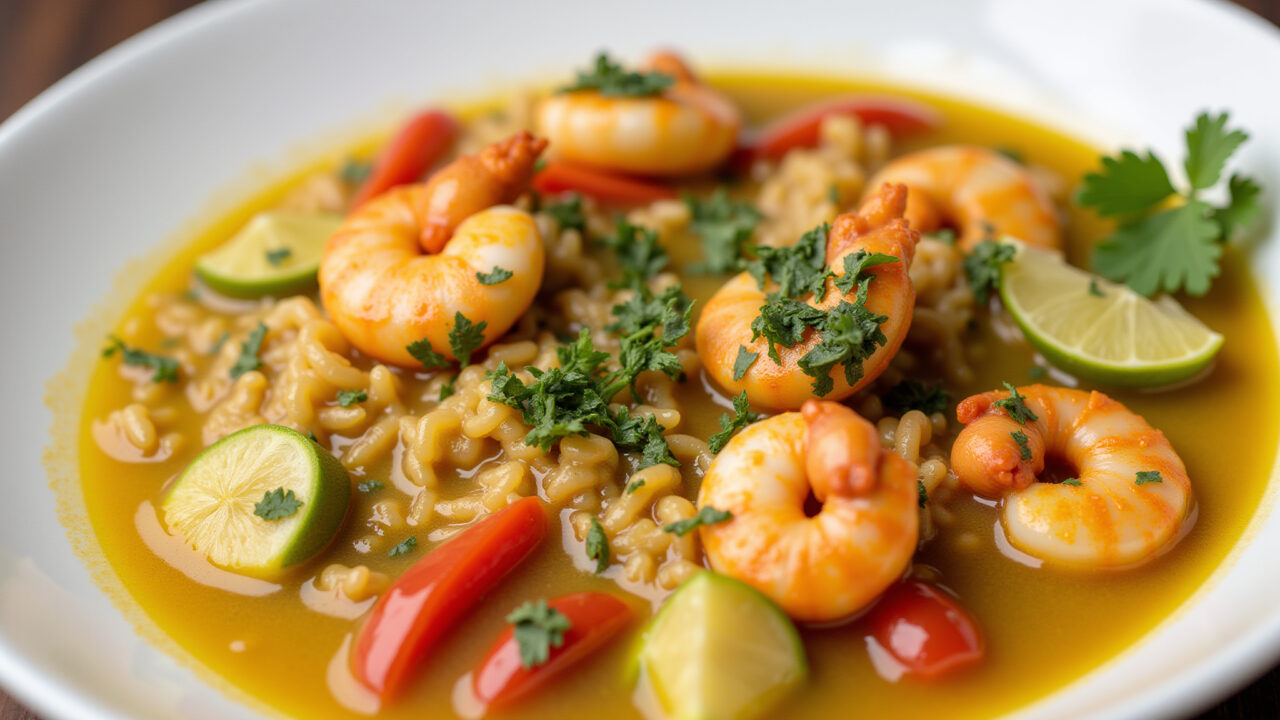 Moqueca de camarão baiana, vibrant colors, dendê oil, coconut milk, served with rice and pirão, Moqueca de camarão baiana com arroz e pirão.
