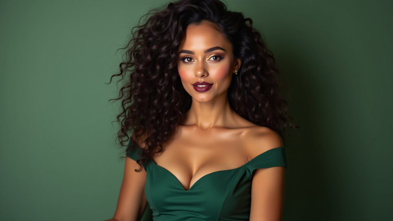 Maquiagem para morenas com vestido verde: sombra dourada e batom vinho.