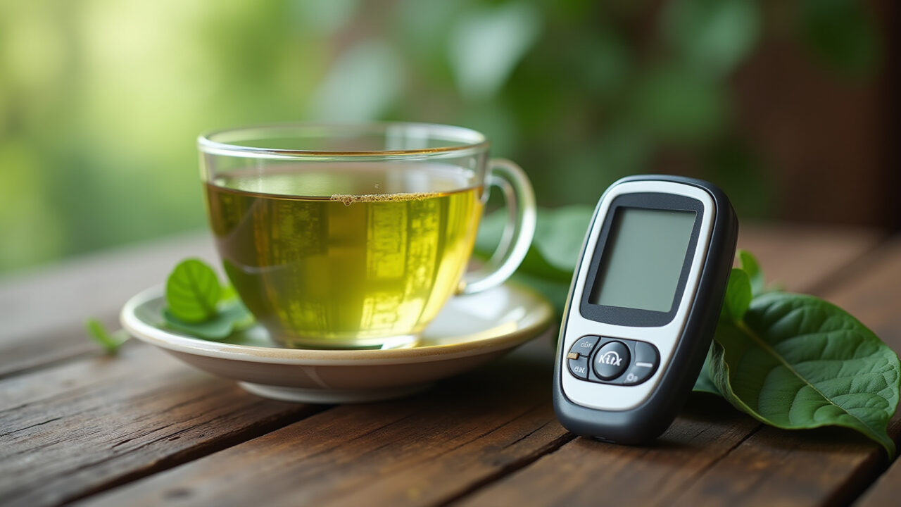 Moringa tea and blood glucose meter, health concept, diabetes control, professional photography, 8K Chá de moringa e medidor de glicose.