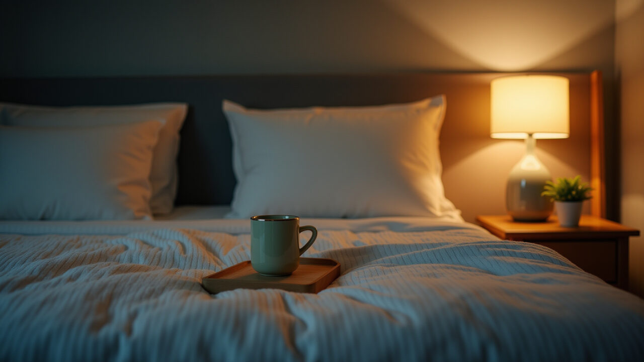Moringa tea before bed, peaceful night, relaxing scene, lifestyle photography, 8K quality, soft Chá de moringa antes de dormir para sono melhor.