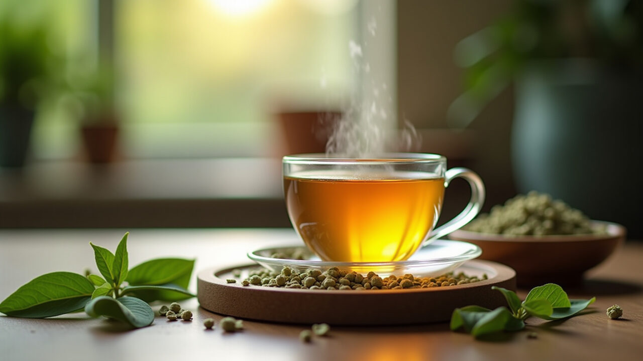Moringa tea for digestion, relaxing atmosphere, herbal tea, lifestyle photography, 8K quality, Chá de moringa para digestão em ambiente relaxante.