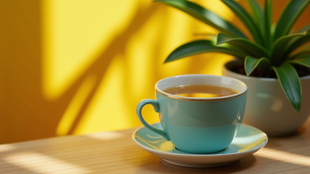 Moringa tea for energy boost, morning routine, vibrant colors, lifestyle photography, 8K quality, Chá de moringa para energia e disposição matinal.