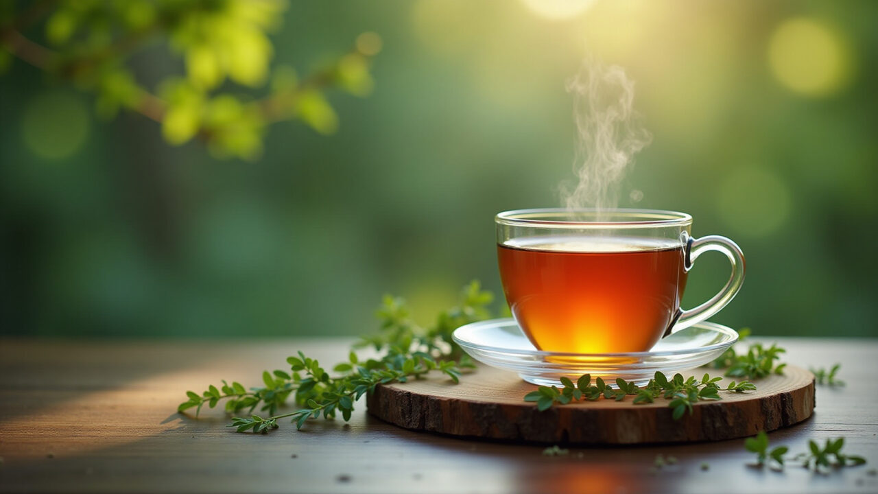 Moringa tea for pain relief, natural remedy, calming scene, lifestyle photography, 8K quality, soft Chá de moringa para alívio de dores e inflamações.