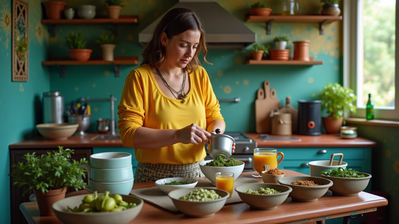 Moringa tea preparation, vibrant colors, Brazilian kitchen, natural light, woman preparing, Preparo de chá de moringa em cozinha brasileira.