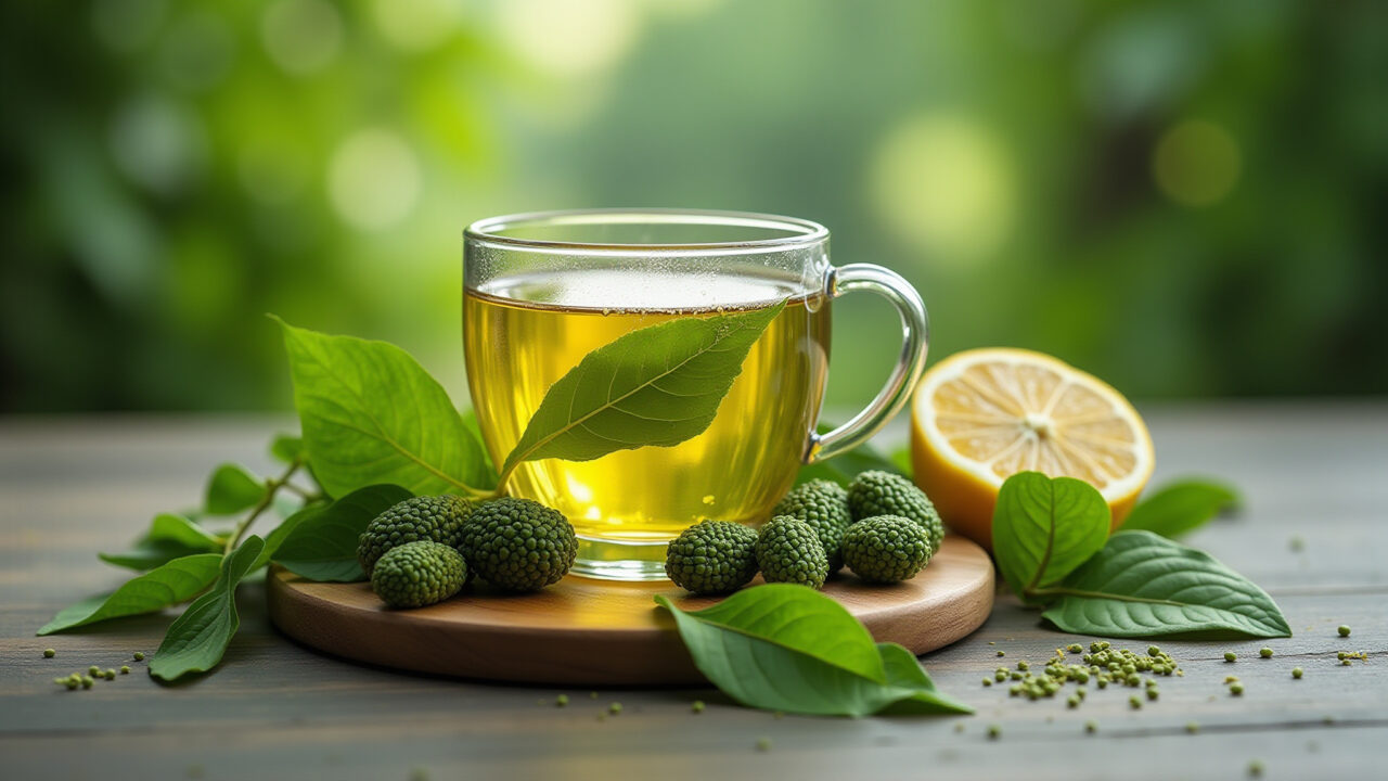 Moringa tea with fresh ingredients, immune system boost, vibrant colors, lifestyle photography, 8K Chá de moringa com ingredientes frescos para imunidade.