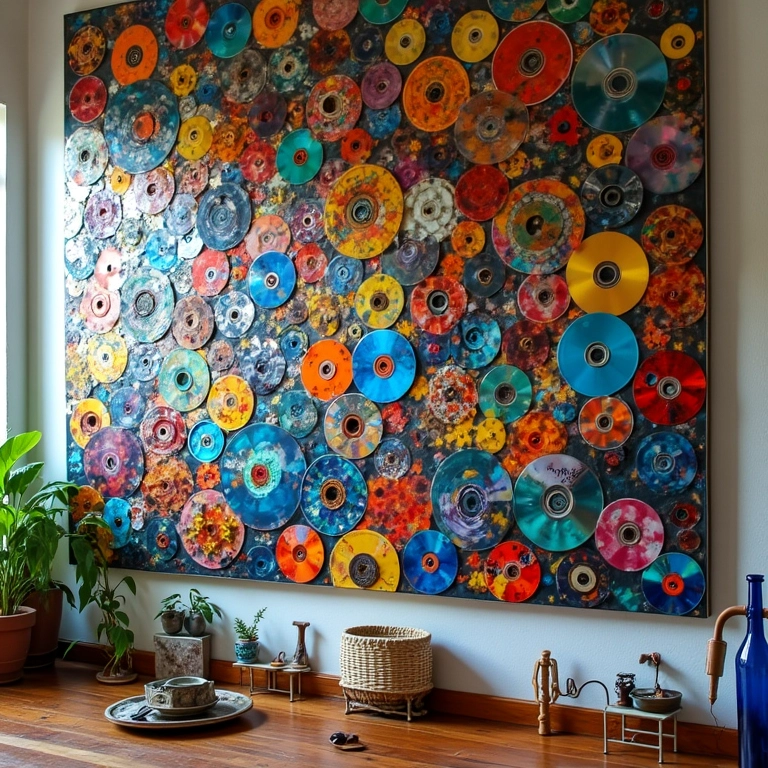 Mosaico vibrante criado com CDs e DVDs reciclados em uma parede colorida.