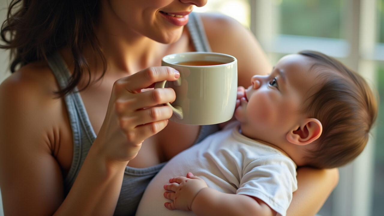 Mother breastfeeding her baby while drinking fennel tea. Natural lighting, loving atmosphere. Chá de erva-doce na amamentação.