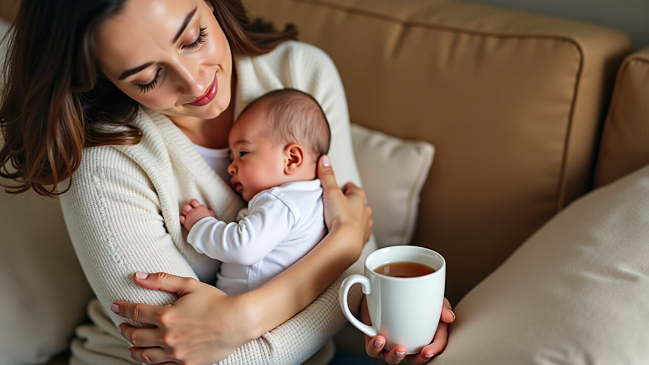 Mother breastfeeding her baby, with a cup of fennel tea nearby, warm and loving atmosphere, natural Chá de erva-doce e amamentação: consulte seu médico.