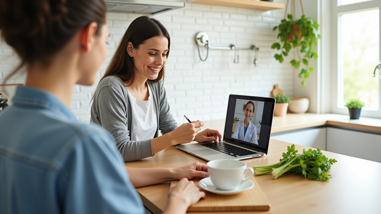 Mother carefully preparing fennel tea for her baby, consulting with her doctor via video call, Mãe preparando chá de erva-doce para bebê com cólica.