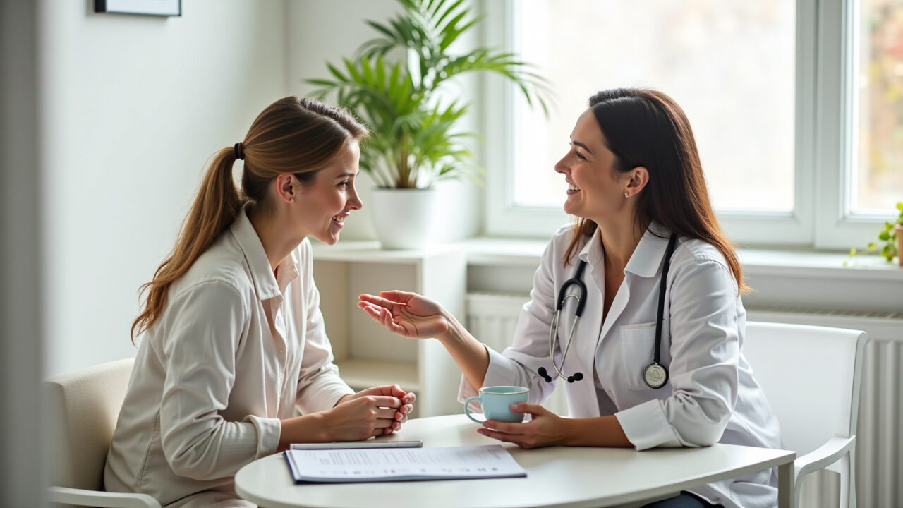 Mother consulting with pediatrician about chamomile tea for baby colic, caring scene, doctor's Mãe consultando pediatra sobre chá de camomila para bebê.