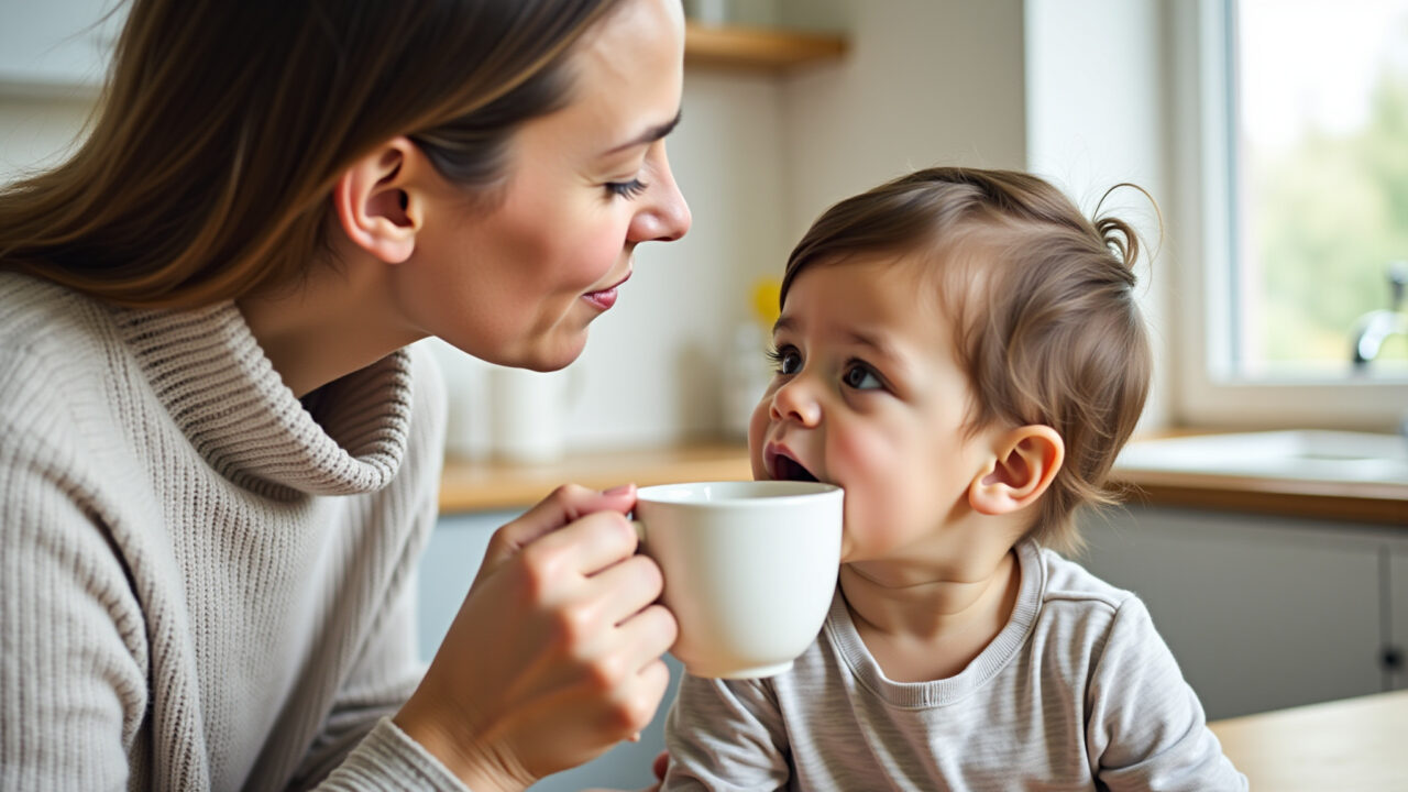 Mother giving cup of passion fruit leaf tea to child, cautious expression, kitchen setting, natural Chá de folha de maracujá para crianças.