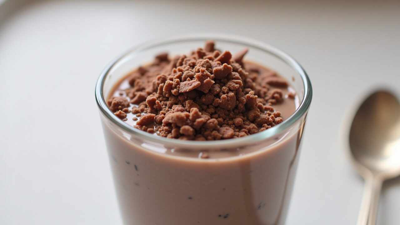 Mousse de leite em pó in a glass bowl, topped with chocolate shavings, professional photography, Mousse de leite em pó com raspas de chocolate.