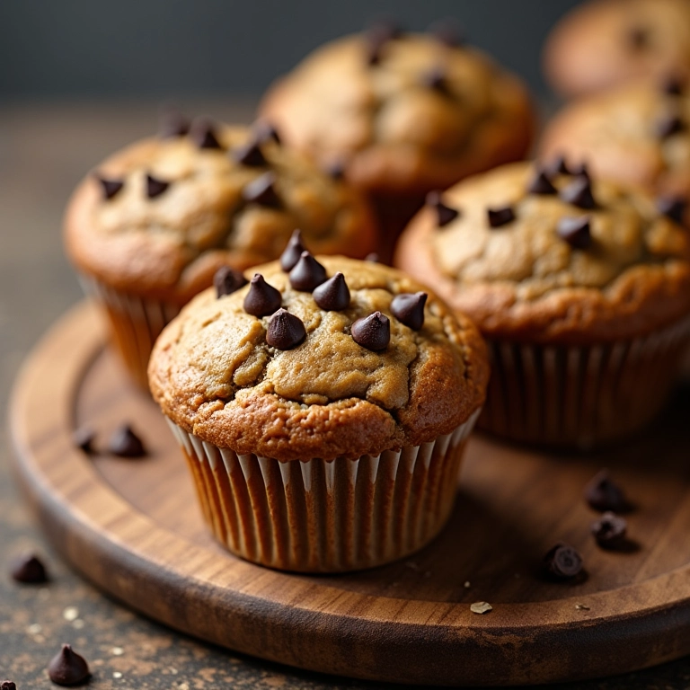Muffins de aveia com gotas de chocolate em uma tábua de madeira, práticos e deliciosos para um café da manhã rápido.