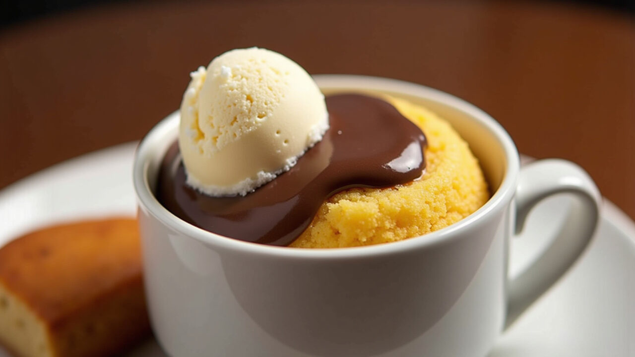 Mug cake with egg and chocolate, topped with ice cream, side view, 8k, professional food Bolo de caneca com ovo e sorvete.
