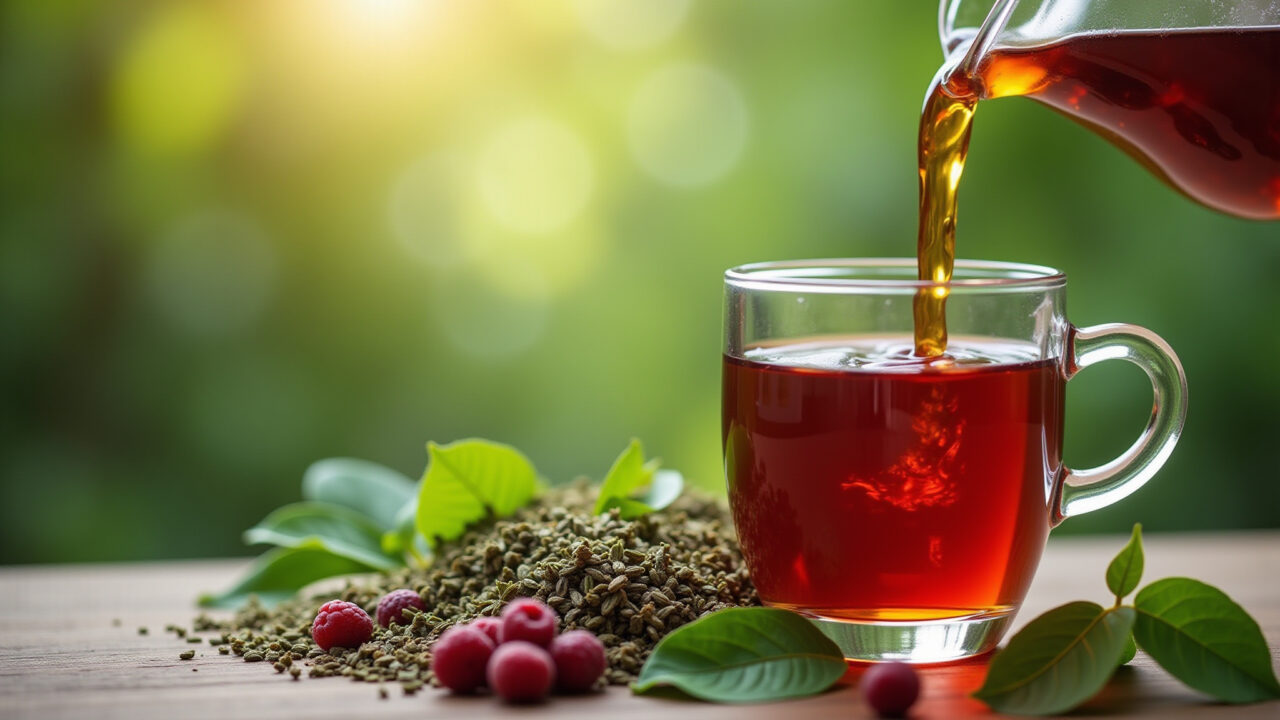 Mulberry leaf tea being poured into a glass, digestive herbs around, natural lighting, healthy Chá de folha de amora sendo servido.