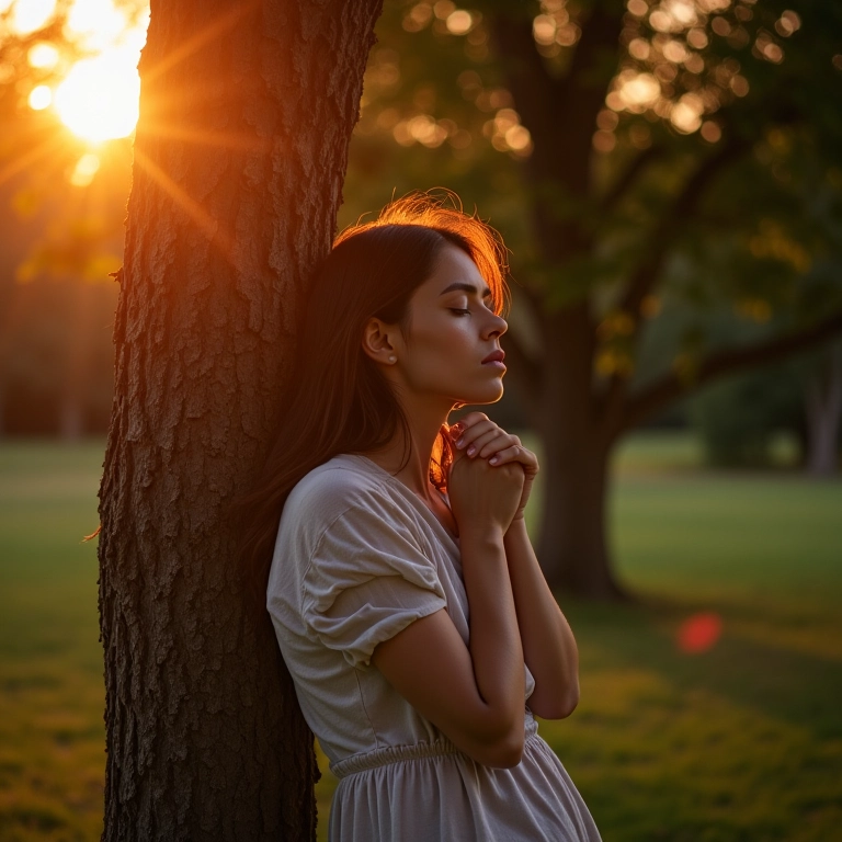 Mulher abraçando árvore no final da tarde, preparando-se para uma noite de sono reparador.