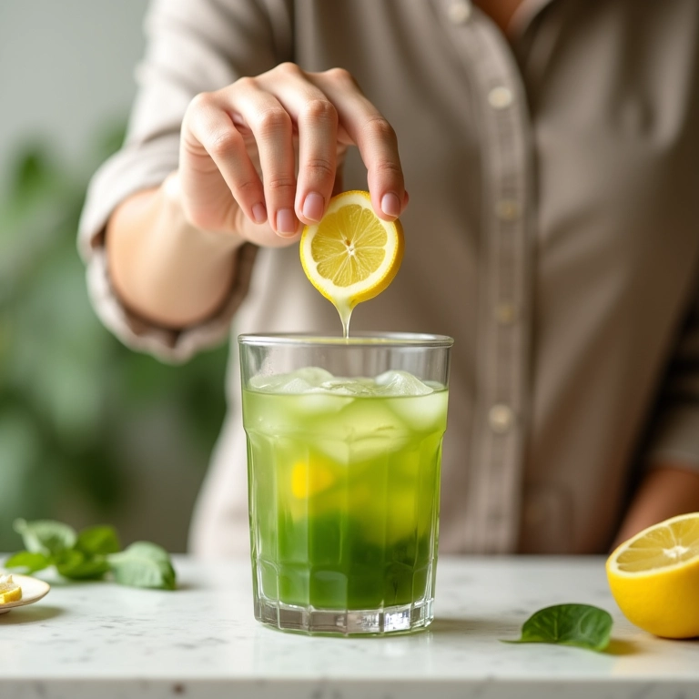 Mulher adicionando limão ao chá verde.