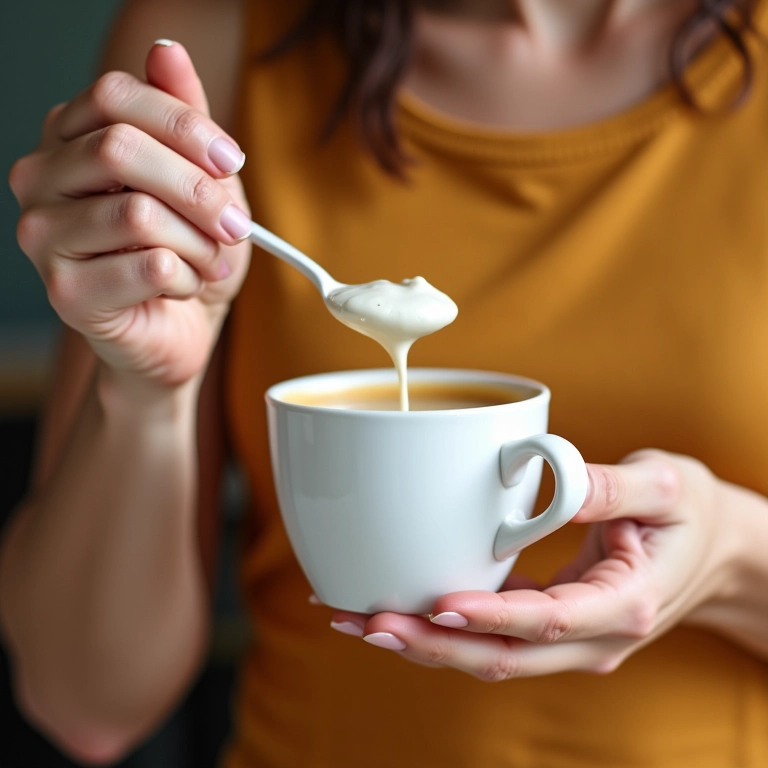 Mulher adicionando óleo de coco no café para melhorar digestão.