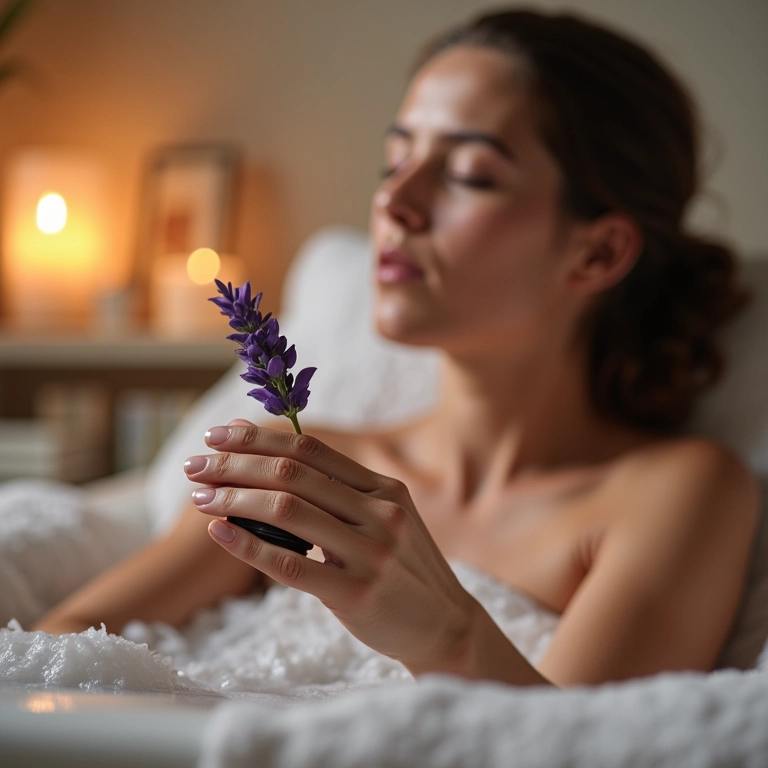 Mulher adicionando óleo essencial de lavanda à água do banho, aroma calmante.