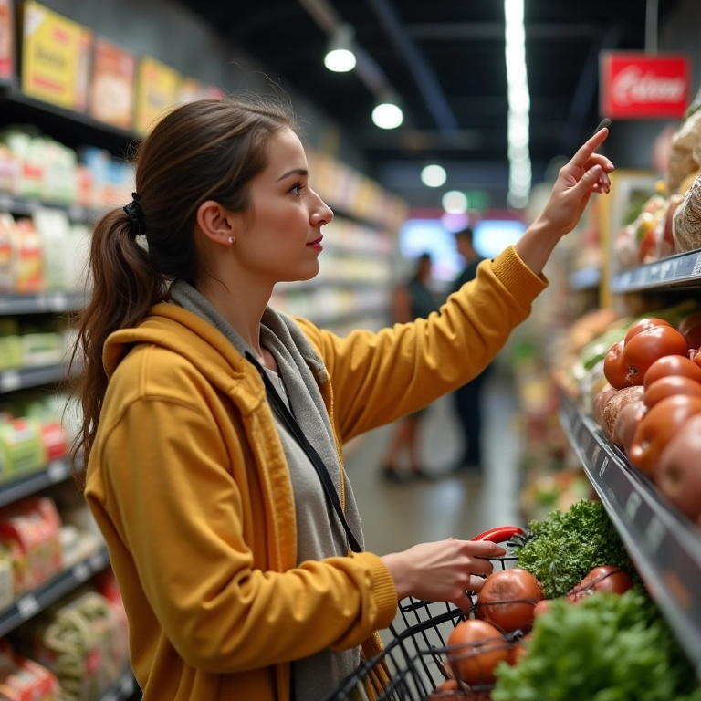 Mulher adulta escolhendo alimentos saudáveis no supermercado.