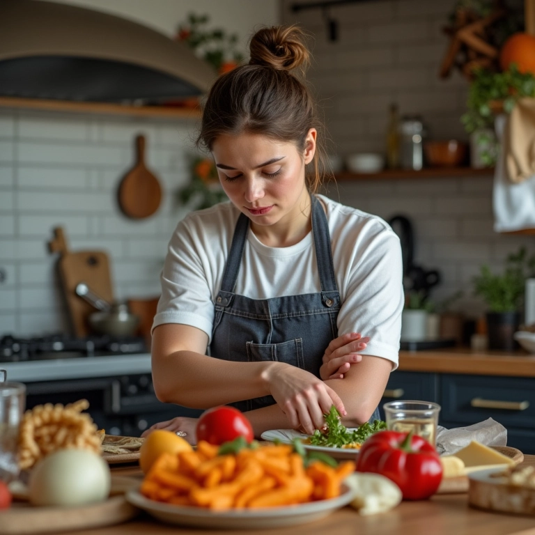 Mulher adulta ocupada em cozinha bagunçada, com fast food à vista.