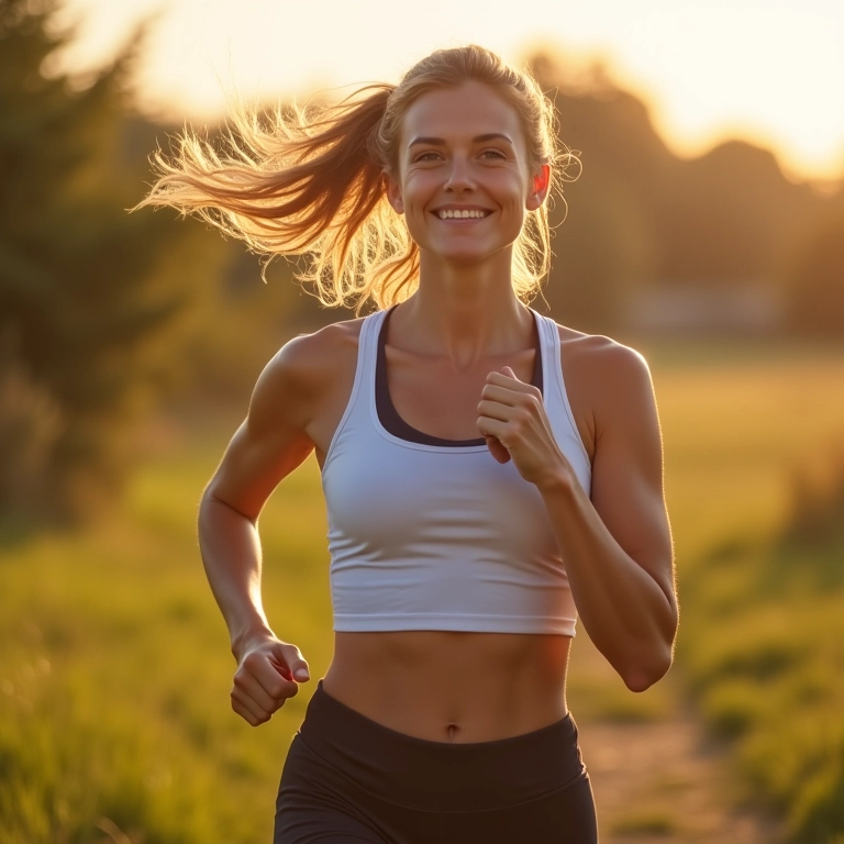 Mulher adulta praticando exercícios ao ar livre com atitude positiva.