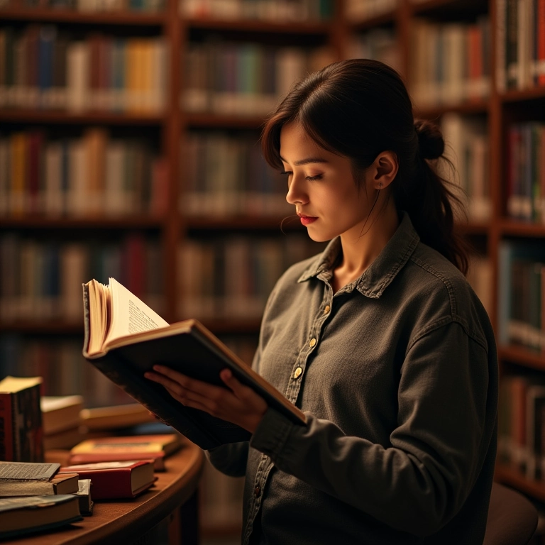 Mulher adulta procurando indicações de livros sobre famílias.