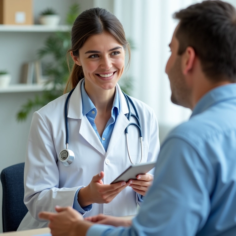 Mulher adulta recebendo aconselhamento médico sobre estilo de vida saudável.