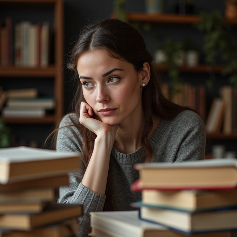Mulher adulta refletindo sobre histórias de família em meio a livros.