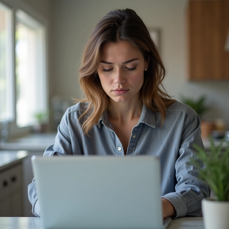 Mulher adulta verificando resultados de teste genético em laptop.