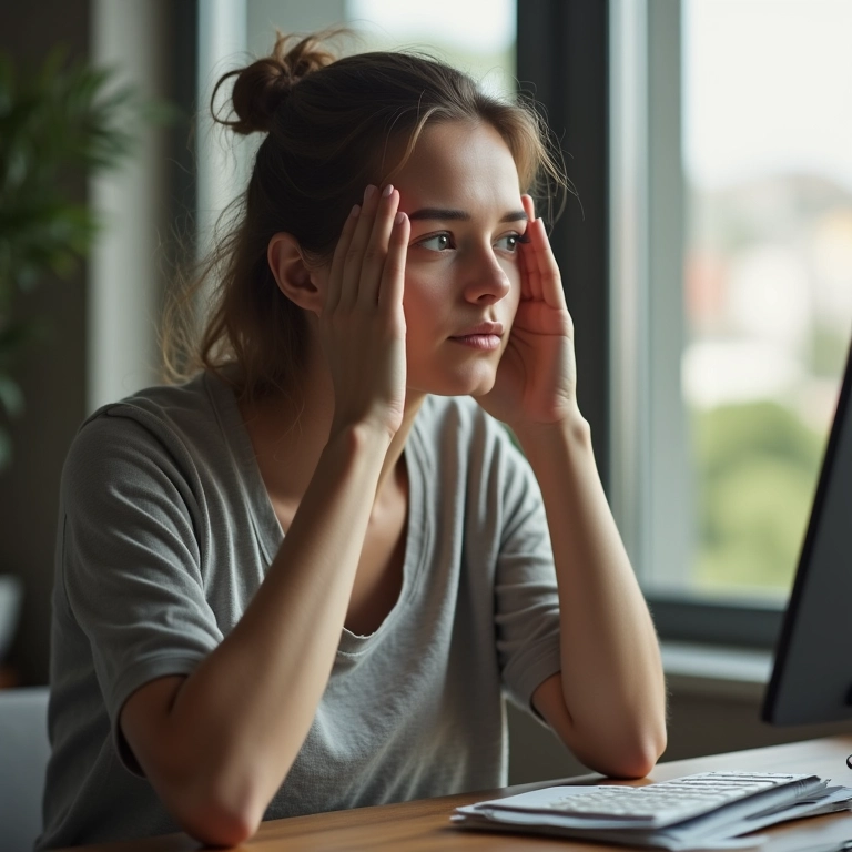 Mulher alongando os olhos durante pausa no trabalho.