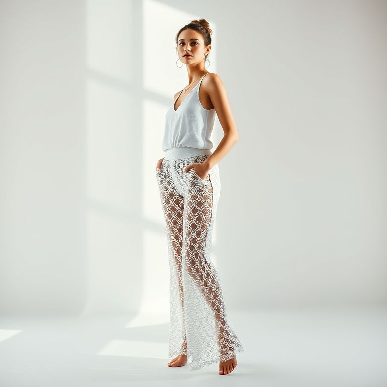 Mulher alta em look monocromático com calça de crochê.