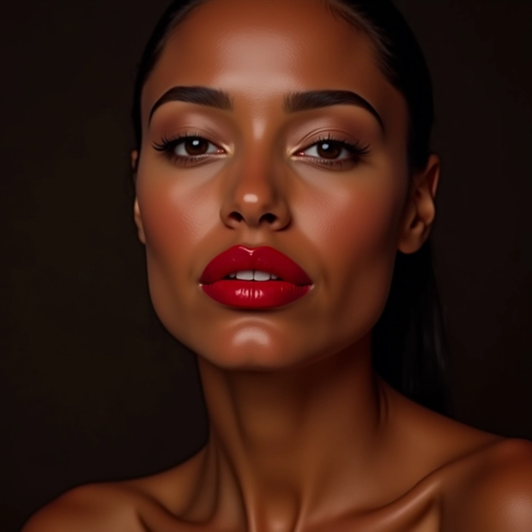 Mulher aplicando batom vermelho, lábios perfeitamente desenhados.