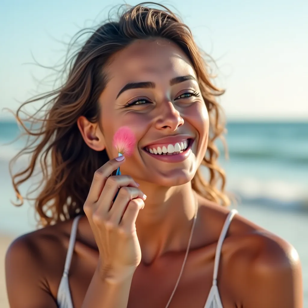 Mulher aplicando blush e iluminador na praia.
