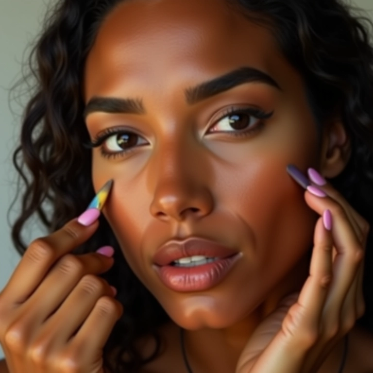 Mulher aplicando iluminador nos pontos estratégicos do rosto.