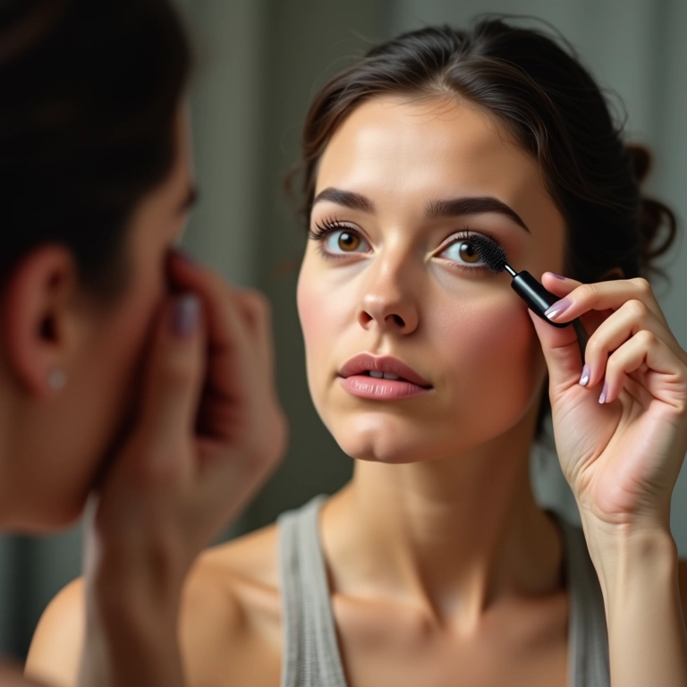 Mulher aplicando máscara de cílios seguindo tutorial.