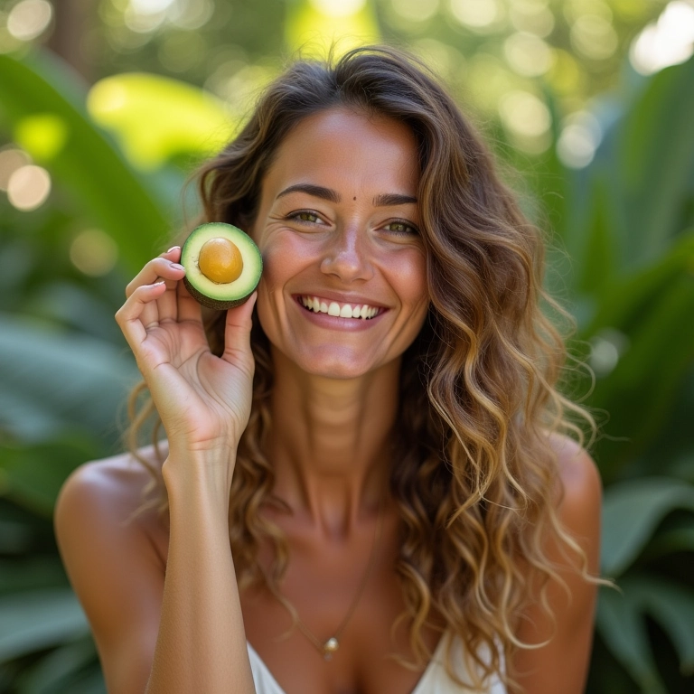 Mulher aplicando óleo de abacate no cabelo ondulado.