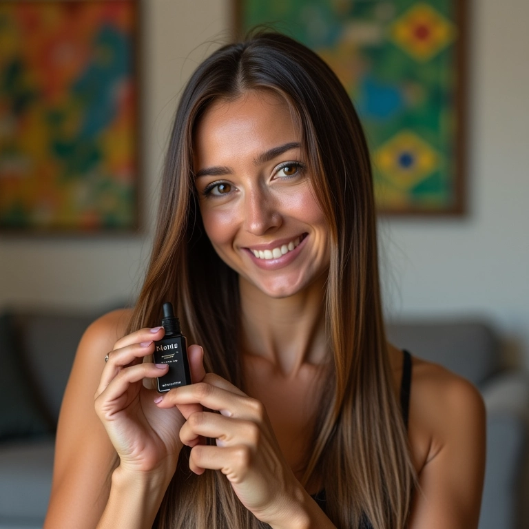 Mulher aplicando óleo de argan no cabelo liso.