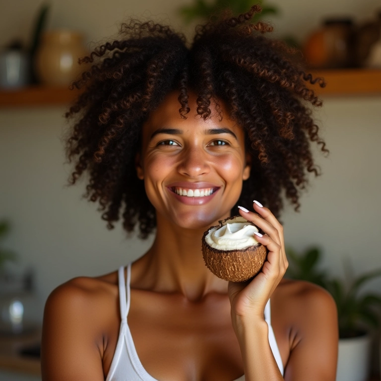 Mulher aplicando óleo de coco no cabelo cacheado.