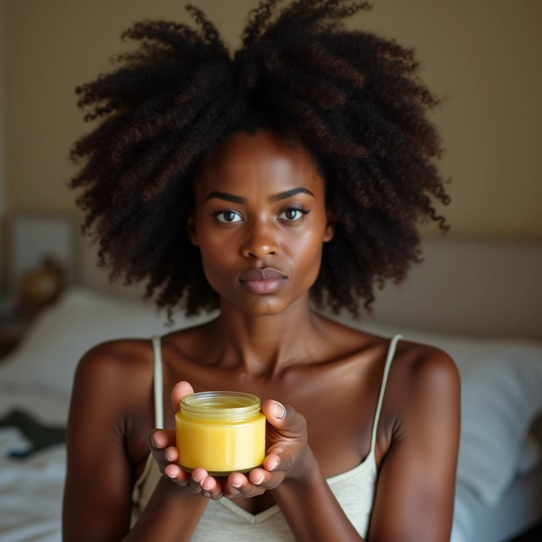 Mulher aplicando óleo de rícino no cabelo afro.
