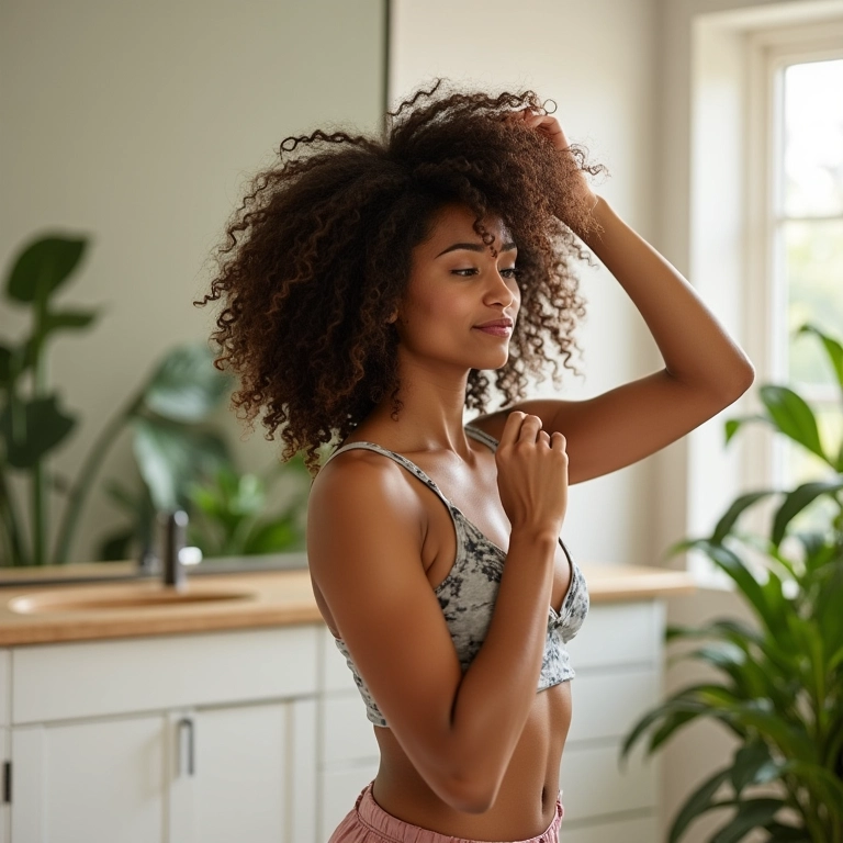 Mulher aplicando shampoo sem sulfato em banheiro moderno.