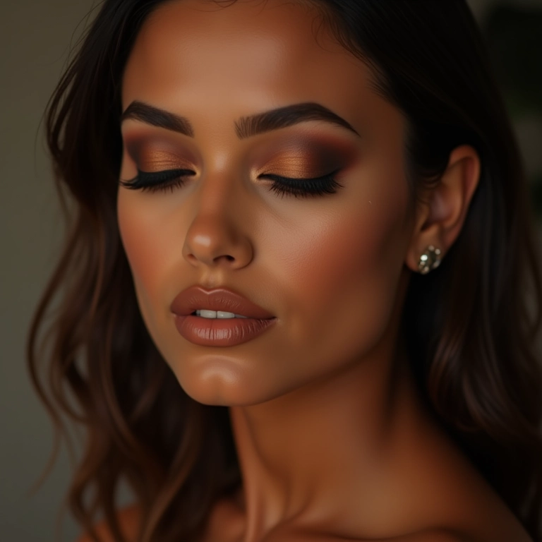 Mulher aplicando sombra opaca em tons terrosos com pincel.