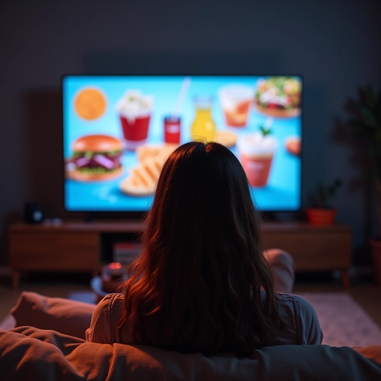 Mulher assistindo TV com anúncios de junk food, representando influência da mídia.