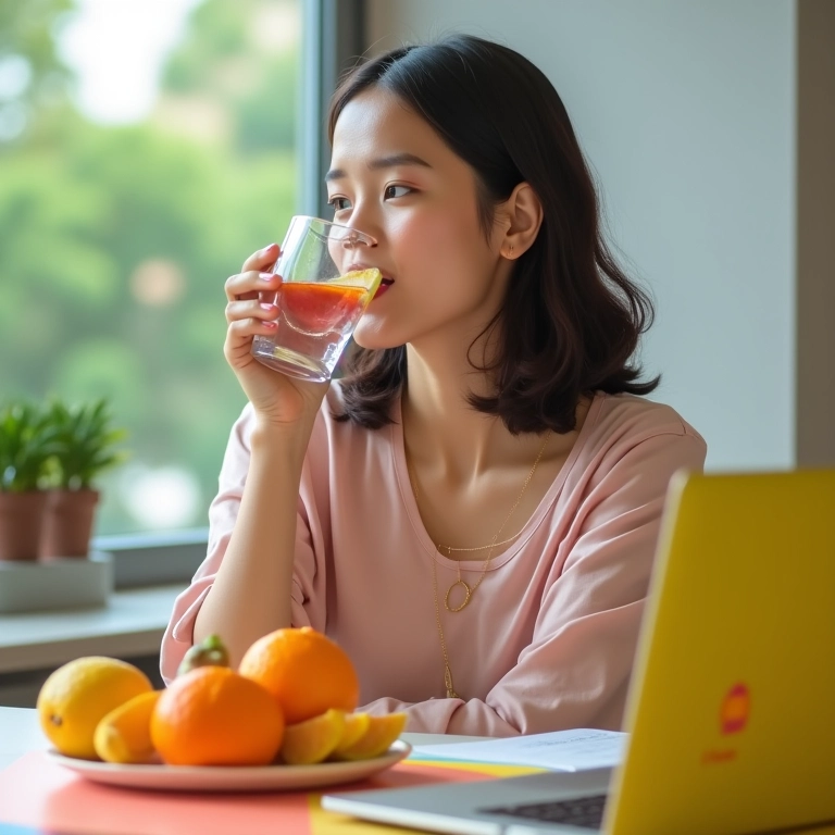 Mulher bebendo água e comendo fruta durante pausa no trabalho.