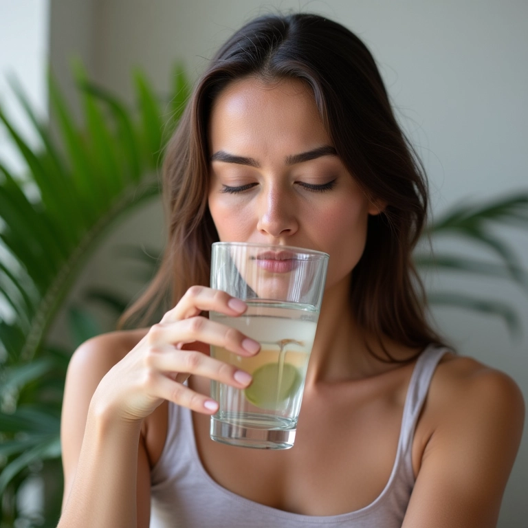 Mulher bebendo água, representando a importância da hidratação para controlar a compulsão alimentar.