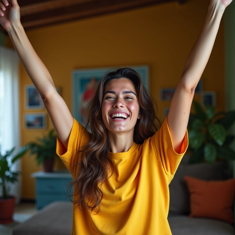 Mulher brasileira comemorando uma pequena vitória em seu apartamento.
