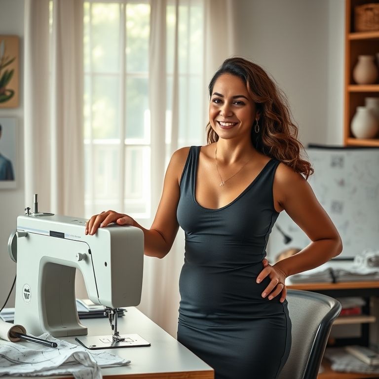 Mulher brasileira costurando um vestido tubinho em casa, com máquina de costura e moldes.