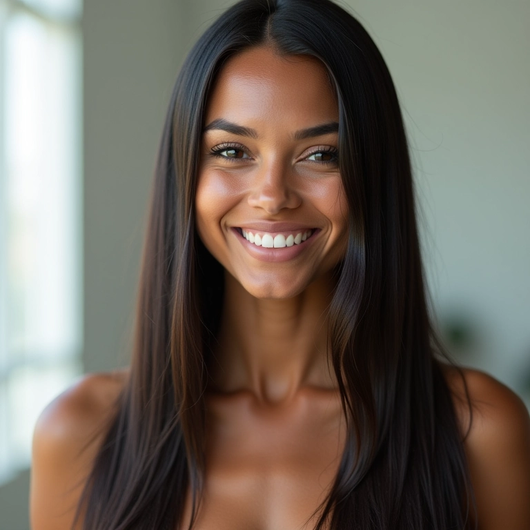 Mulher brasileira sorrindo, exibindo cabelo liso e brilhante, com finalizador capilar.
