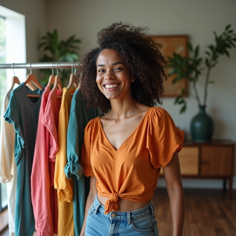 Mulher brasileira sorrindo mostra looks diversos em arara rotativa.