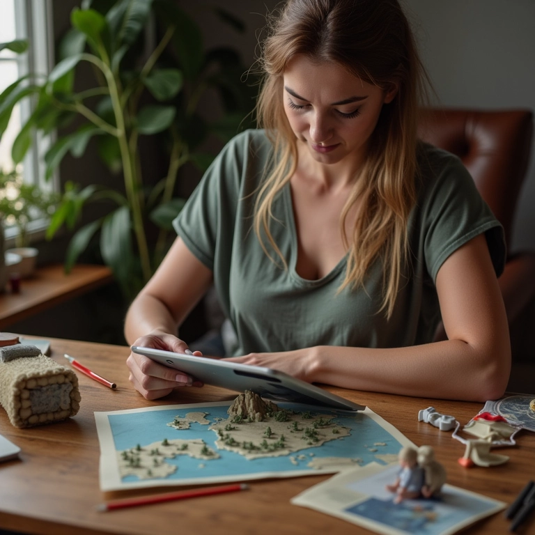 Mulher buscando inspiração para diorama em tablet.